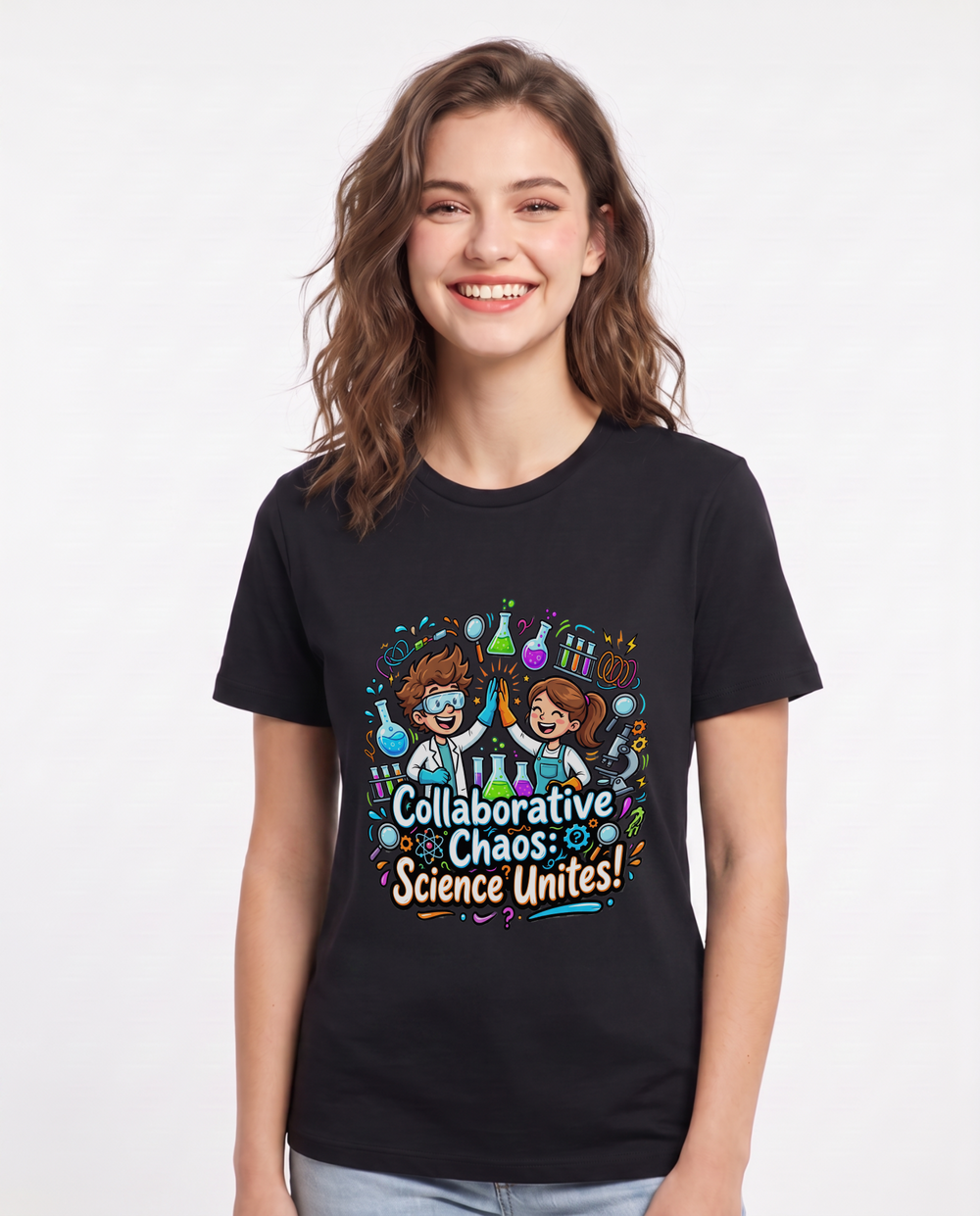 Collaborative Chaos: Science Unites! Women's Black T-Shirt product image 2