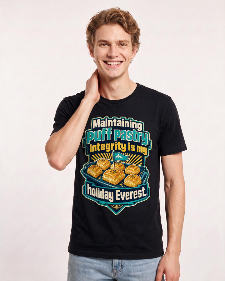 Christmas Men's Black T-Shirt – Maintaining puff pastry integrity is my holiday Everest. product image 3