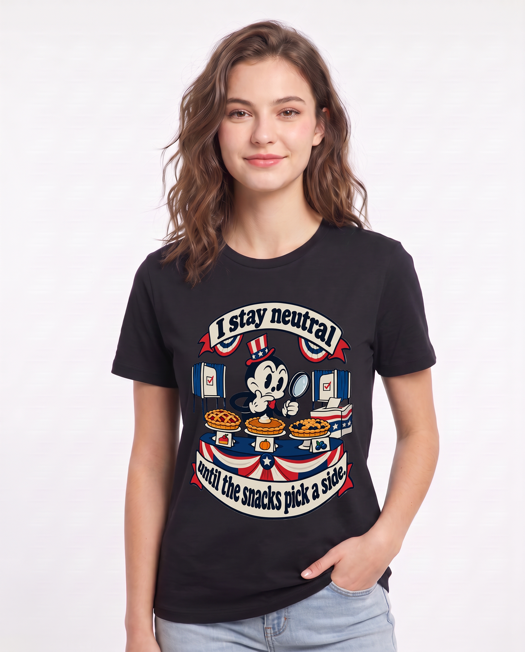 I stay neutral until the snacks pick a side. Women's Black T-Shirt product image 1