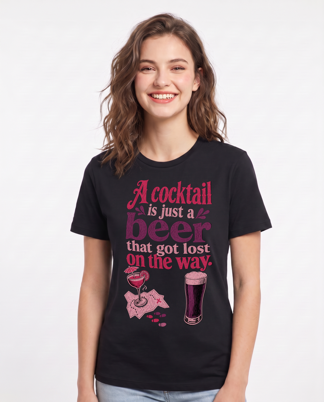 Funny Beer Women's Black T-Shirt – A cocktail is just a beer that got lost on the way. product image 1