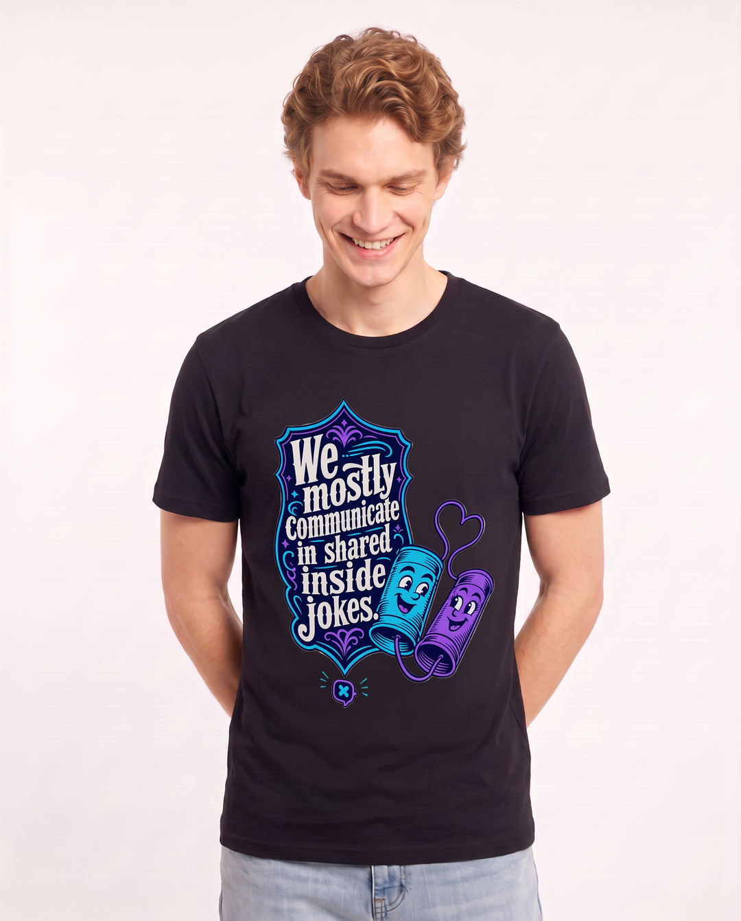 Couples Men's Black T-Shirt - We mostly communicate in shared inside product image 3