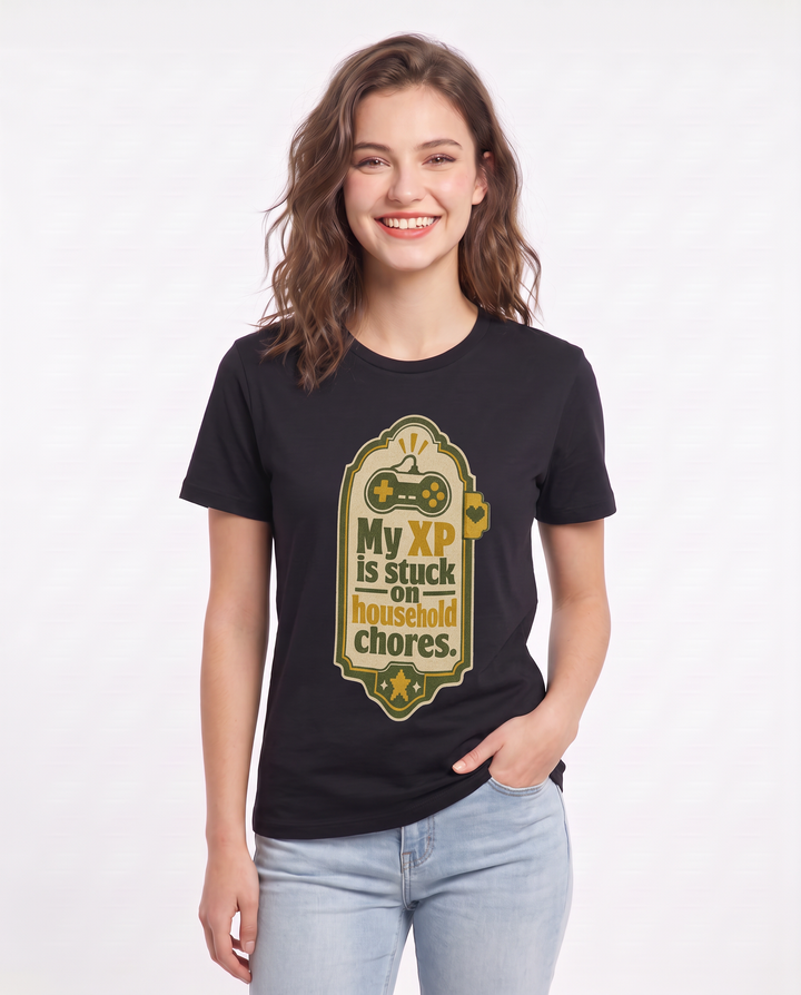 Gaming Women's Black T-Shirt - My XP is stuck on household chores. product image 3