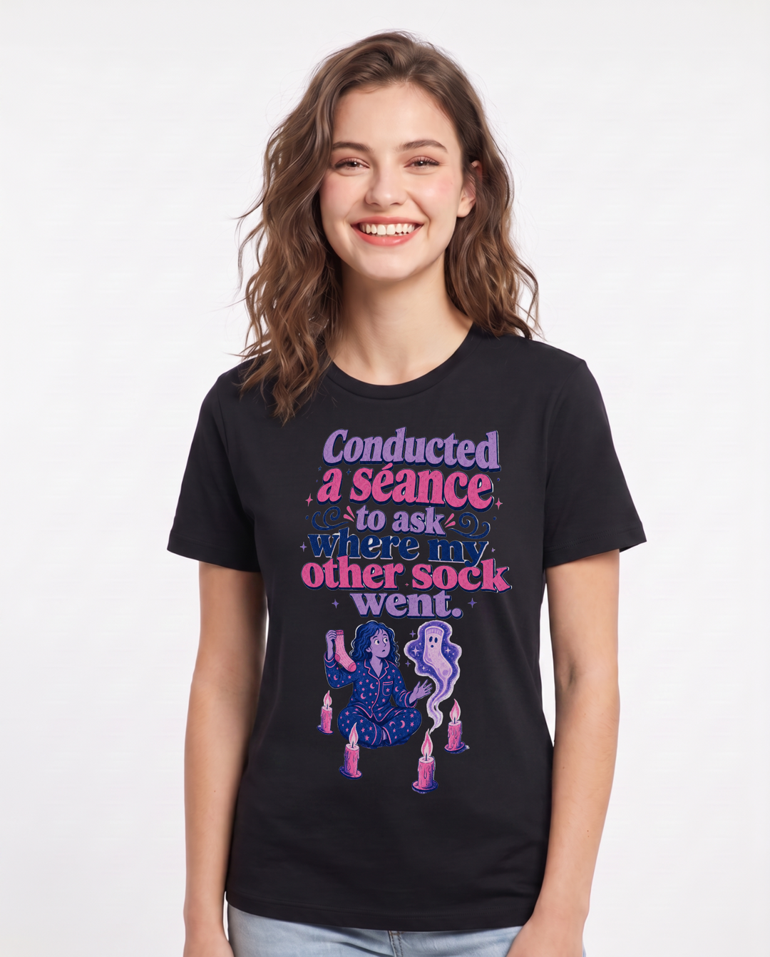 Funny Halloween Women's Black T-Shirt – Conducted a séance to ask where my other sock went. product image 1
