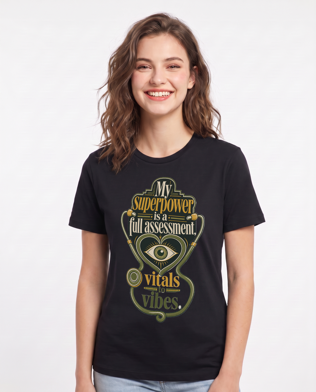 Nurse Women's Black T-Shirt – My superpower is a full assessment, vitals to vibes. product image 1