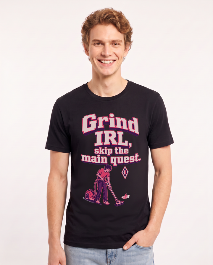 Gaming Men's Black T-Shirt – Grind IRL, skip the main quest. product image 1