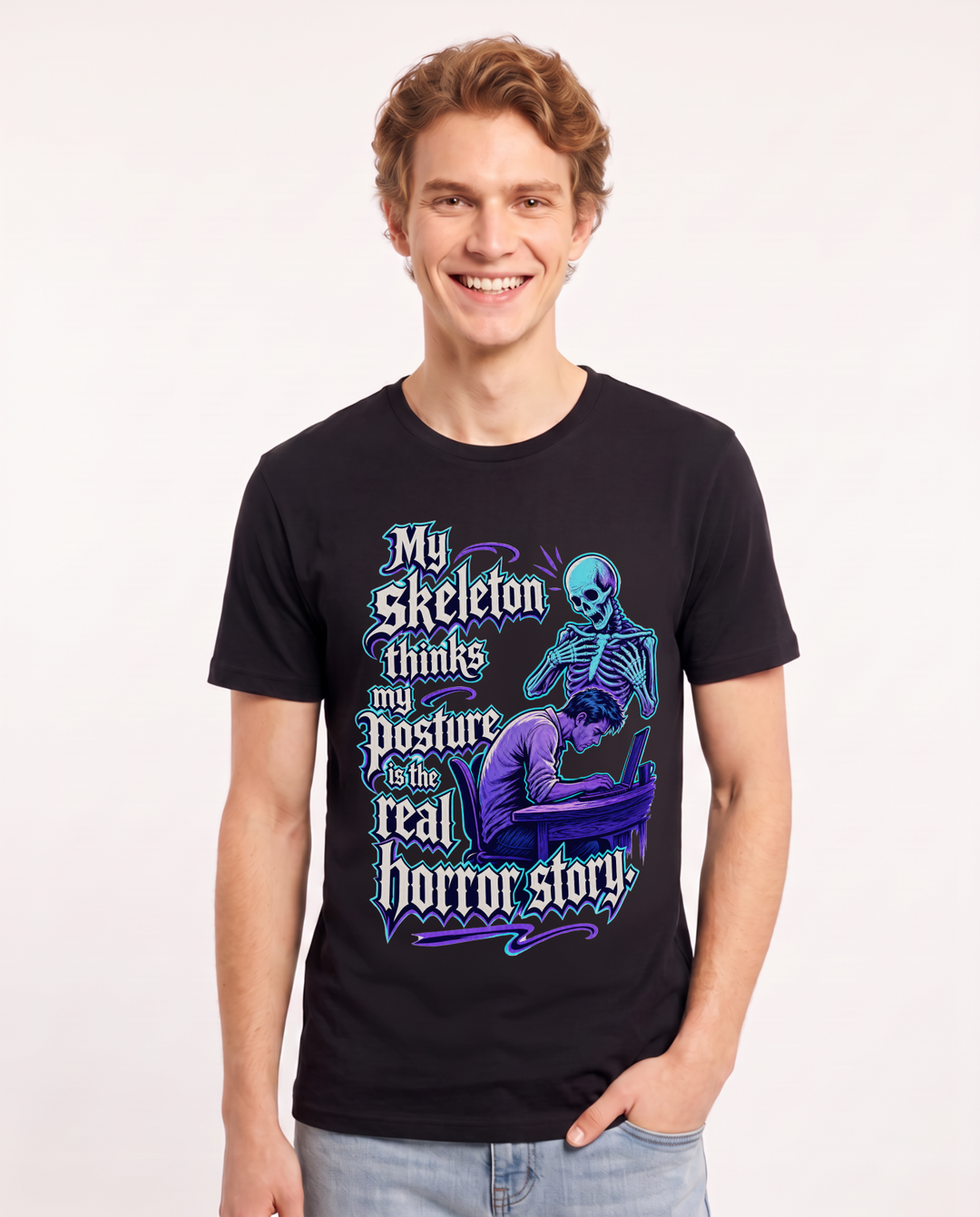 Funny Halloween Men's Black T-Shirt – My skeleton thinks my posture is the real horror story product image 1