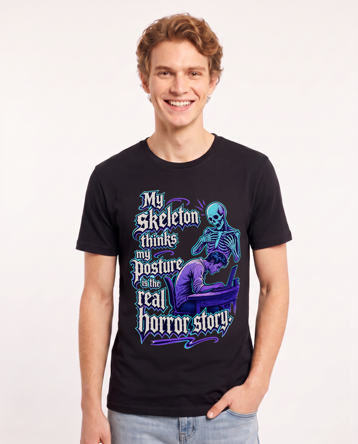 Funny Halloween Men's Black T-Shirt – My skeleton thinks my posture is the real horror story product image 1