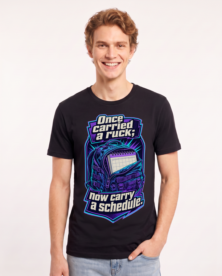 Veteran Men's Black T-Shirt – Once carried a ruck; now carry a schedule. product image 1