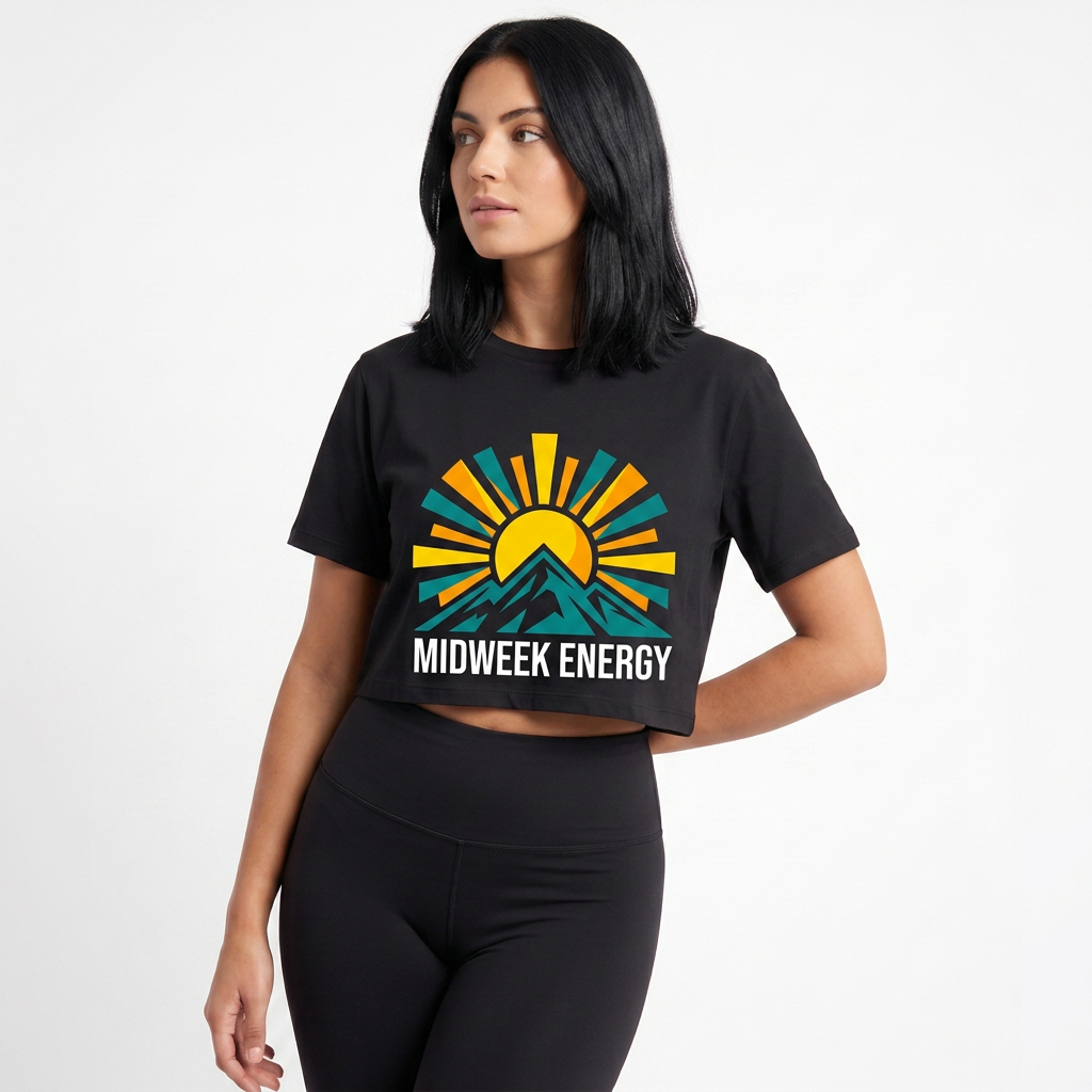 Bold Rising Sun Over Stylized Mountain Crop Top mockup 1