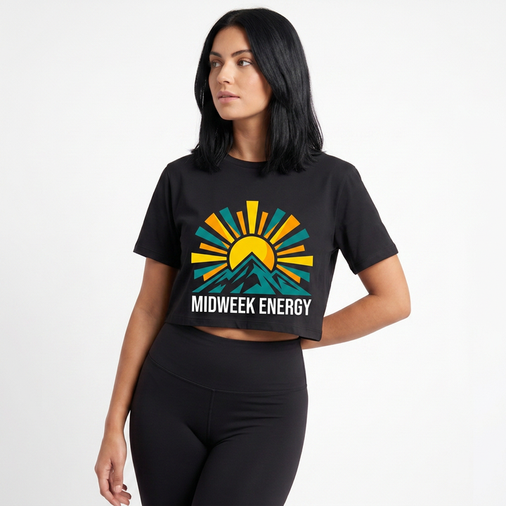 Bold Rising Sun Over Stylized Mountain Crop Top mockup 1