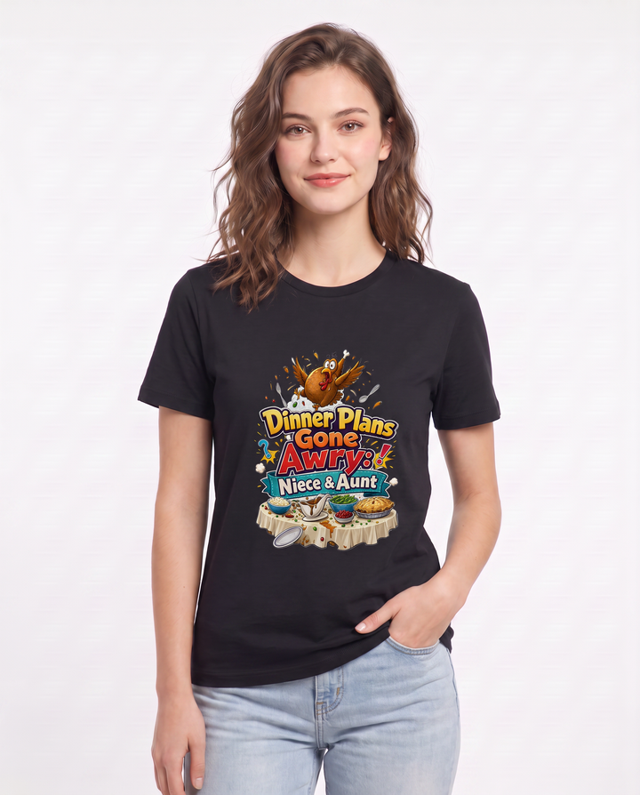 Dinner Plans Gone Awry: Niece & Aunt Women's Black T-Shirt product image 1
