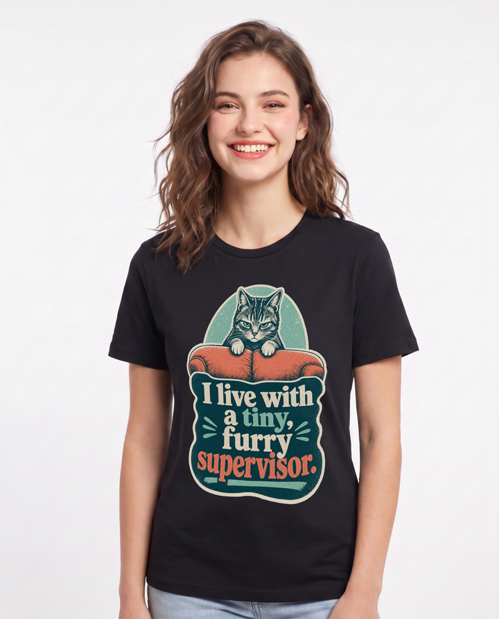 Cat Lover Women's Black T-Shirt – I live with a tiny, furry supervisor. product image 1