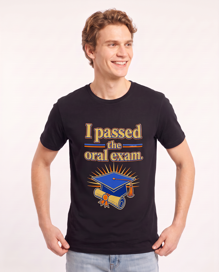 I passed the oral exam. Men's Black T-Shirt product image 1