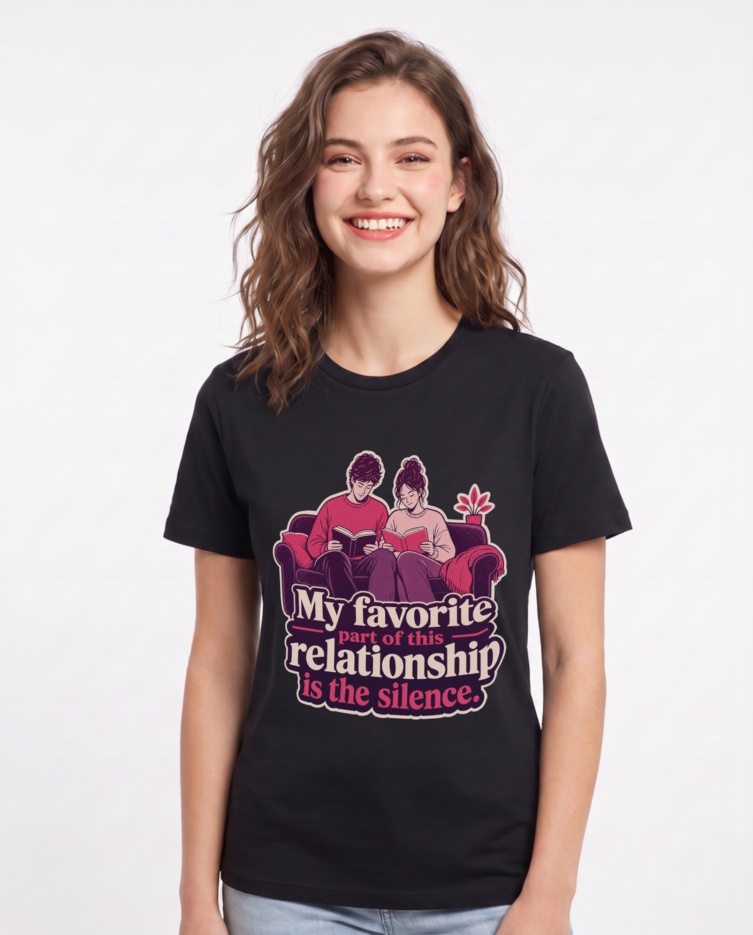 Couples Women's Black T-Shirt – My favorite part of this relationship is the silence. product image 1