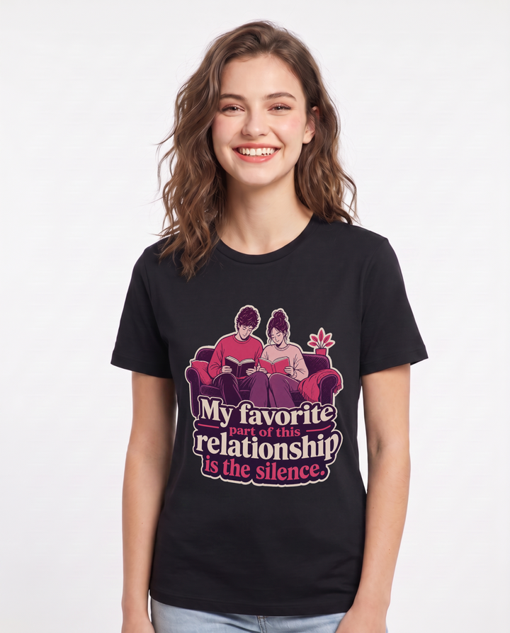 Couples Women's Black T-Shirt – My favorite part of this relationship is the silence. product image 1