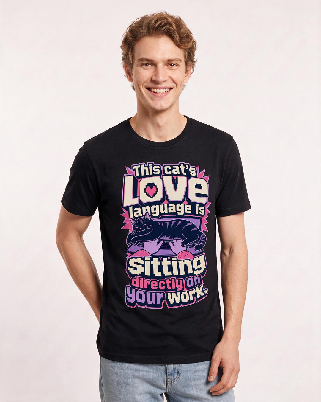 Funny Cat Lover Men's Black T-Shirt – This cat's love language is sitting directly on your work product image 3