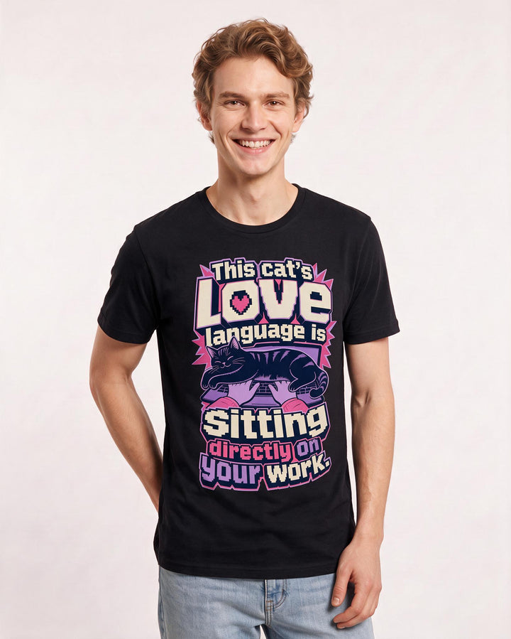 Funny Cat Lover Men's Black T-Shirt – This cat's love language is sitting directly on your work product image 3