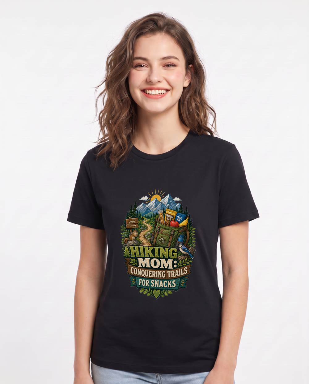 Hiking Mom: Conquering Trails for Snacks Women's Black T-Shirt product image 2
