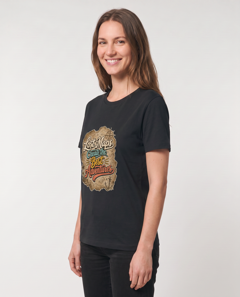 Lost Maps Create The Best Adventures Black T-Shirt mockup 2