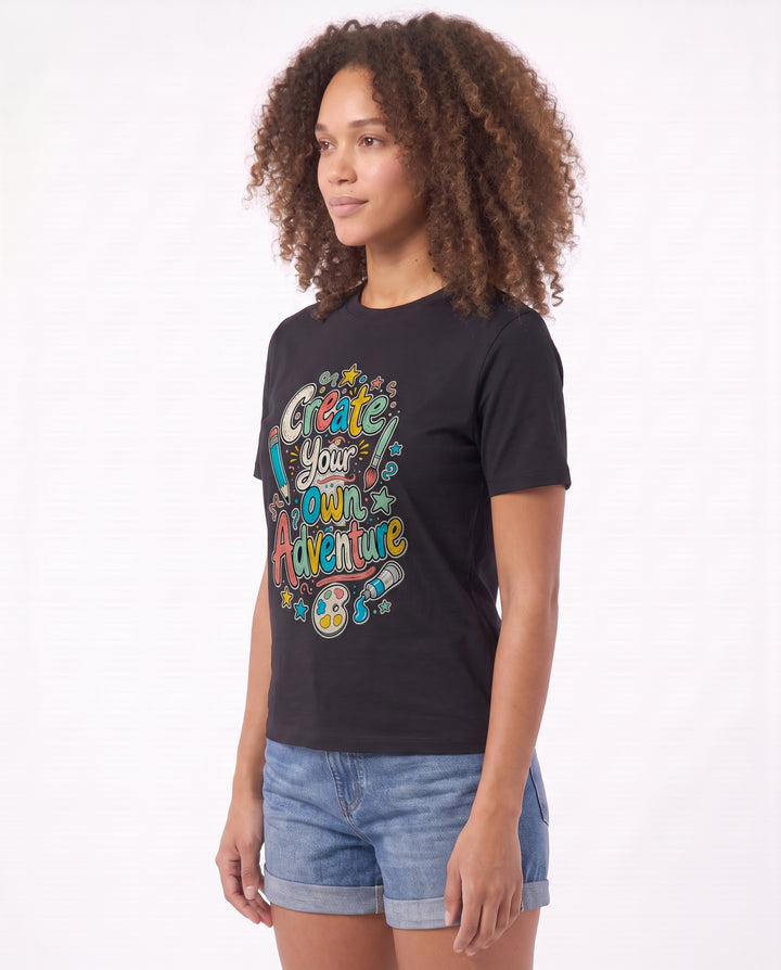 Create Your Own Adventure Black T-Shirt mockup 2