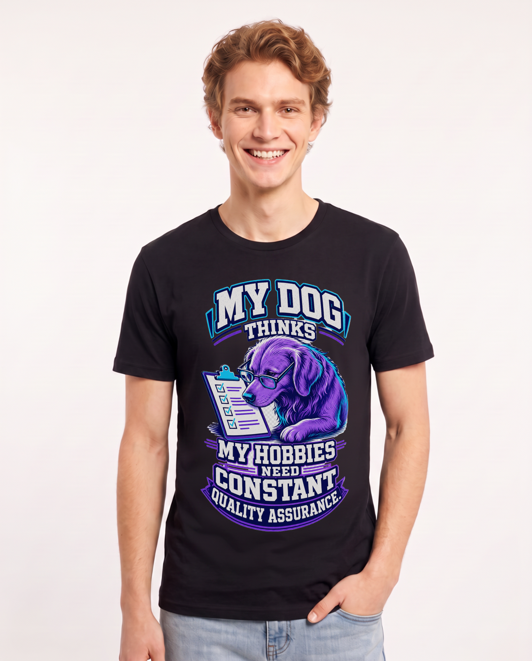 Funny Cat Lover Men's Black T-Shirt – My dog thinks my hobbies need constant quality assurance. product image 1