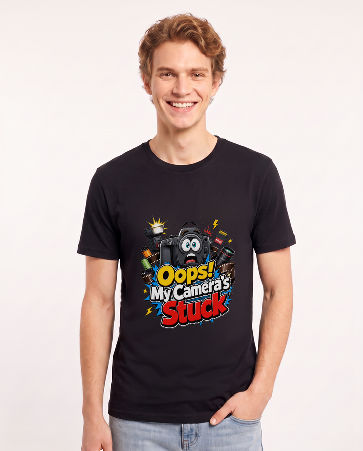 Oops! My Camera's Stuck Men's Black T-Shirt product image 2