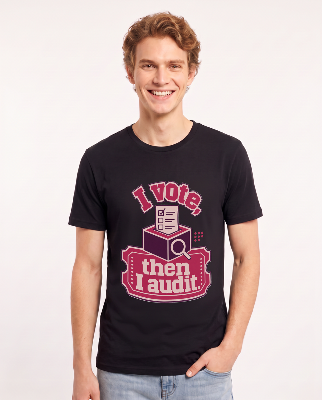 Graphic Men's Black T-Shirt - I vote, then I audit. product image 1