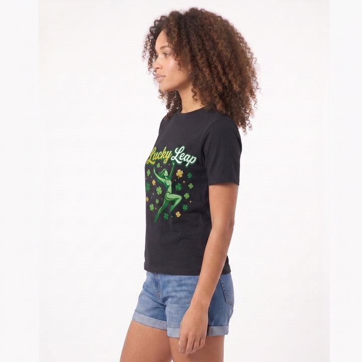 Lucky Leap Stylized Leap With Clovers Black T-Shirt mockup 1