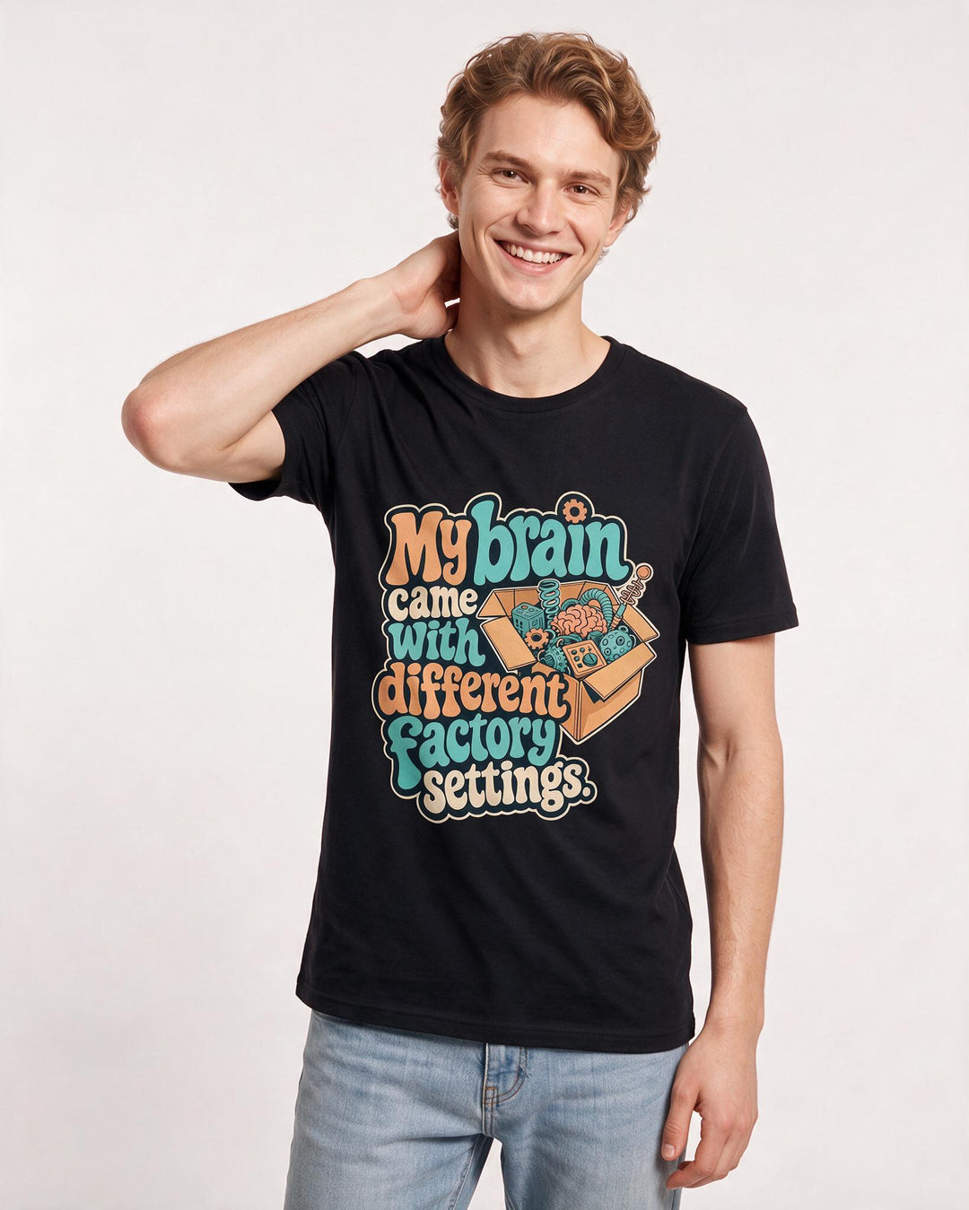 Neurodiversity Men's Black T-Shirt – My brain came with different factory settings. product image 3