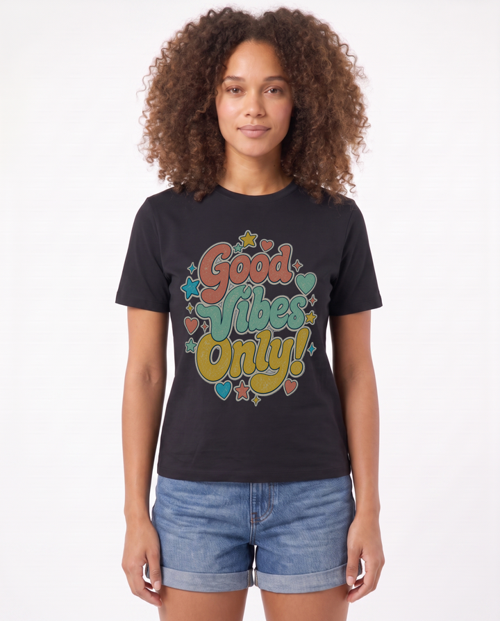 Good Vibes Only! Black T-Shirt mockup 1
