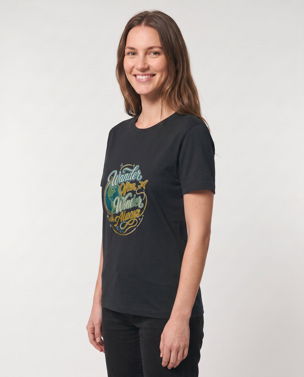 Wander Often, Wonder Always Black T-Shirt mockup 2