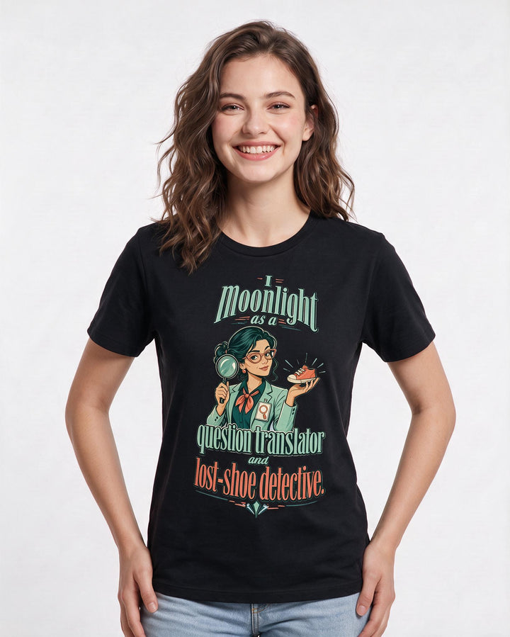 Funny Teacher Women's Black T-Shirt – I moonlight as a question translator and lost-shoe detective. product image 3