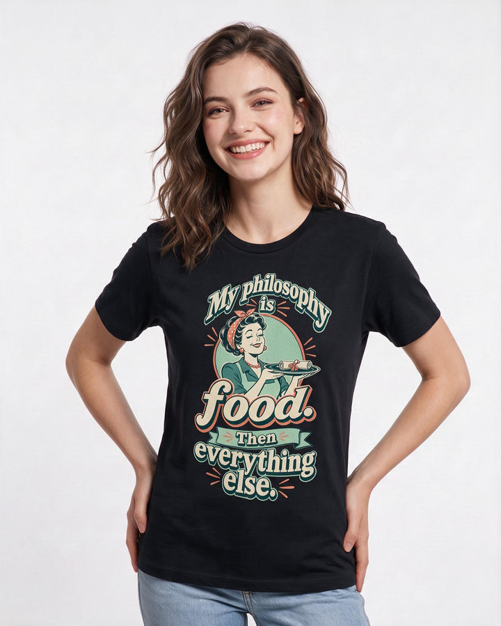 Mom Women's Black T-Shirt – My philosophy is food. Then everything product image 3