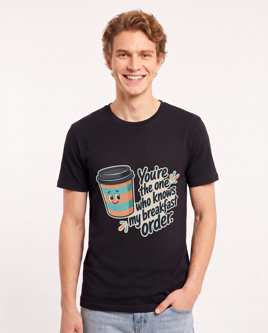 Couples Men's Black T-Shirt – "You're the one who knows my breakfast order." product image 1