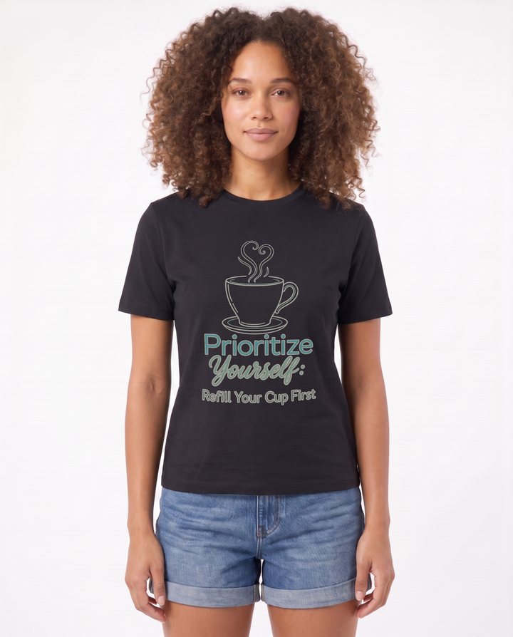 Prioritize Yourself: Refill Your Cup First Black T-Shirt mockup 1