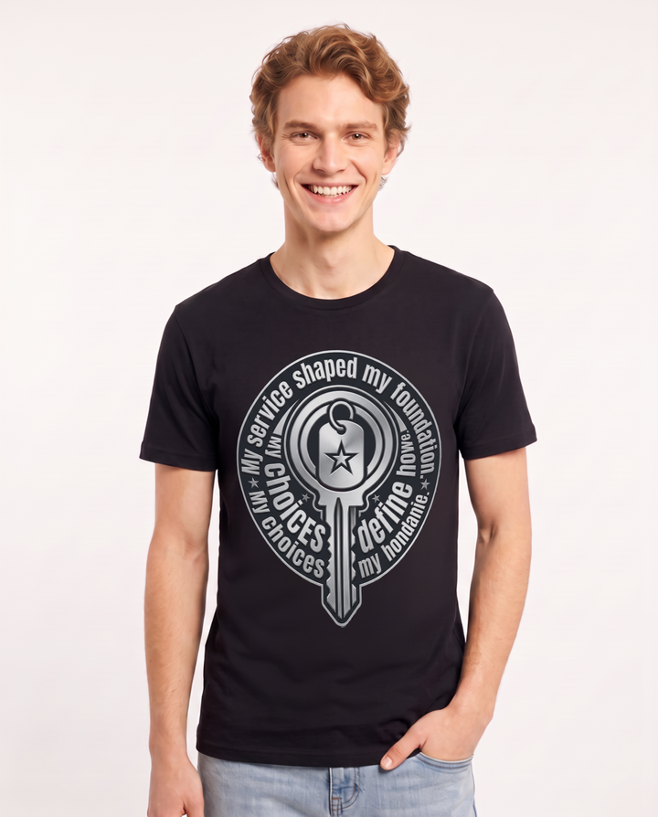 My service shaped my foundation. My choices define my home. Men's Black T-Shirt product image 2