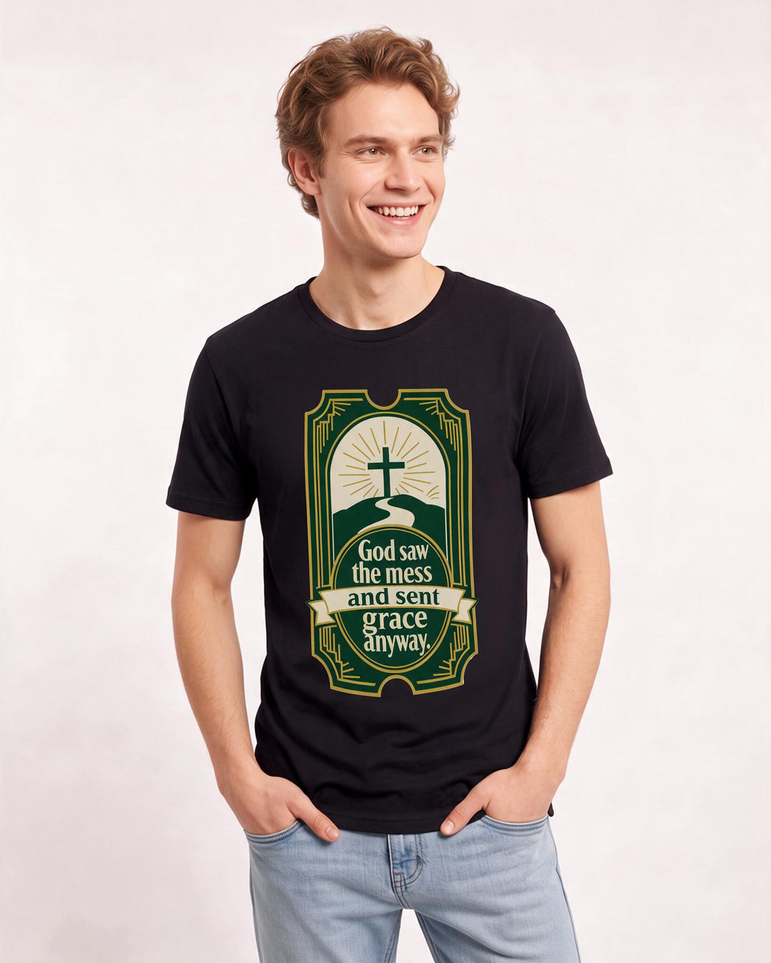 Graphic Men's Black T-Shirt - God saw the mess and sent grace anyway. product image 3