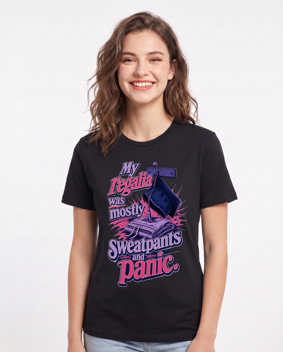 Graduation Women's Black T-Shirt – My regalia was mostly sweatpants and product image 1