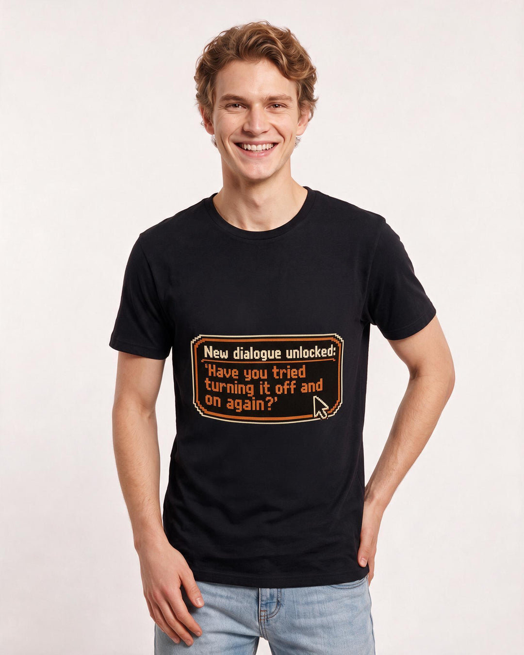 Gaming Men's Black T-Shirt – New dialogue unlocked: 'Have you tried turning it off and on again?' product image 3