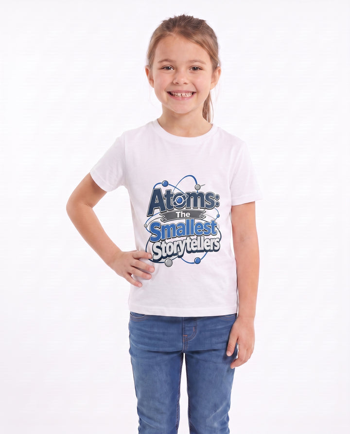 Atoms: The Smallest Storytellers White T-Shirt mockup 3