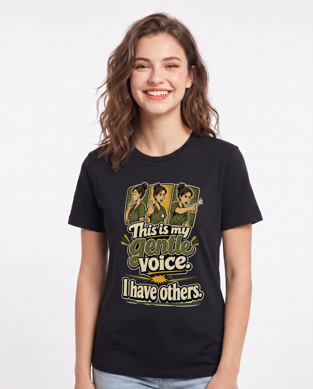Nurse Women's Black T-Shirt – This is my gentle voice. I have product image 1