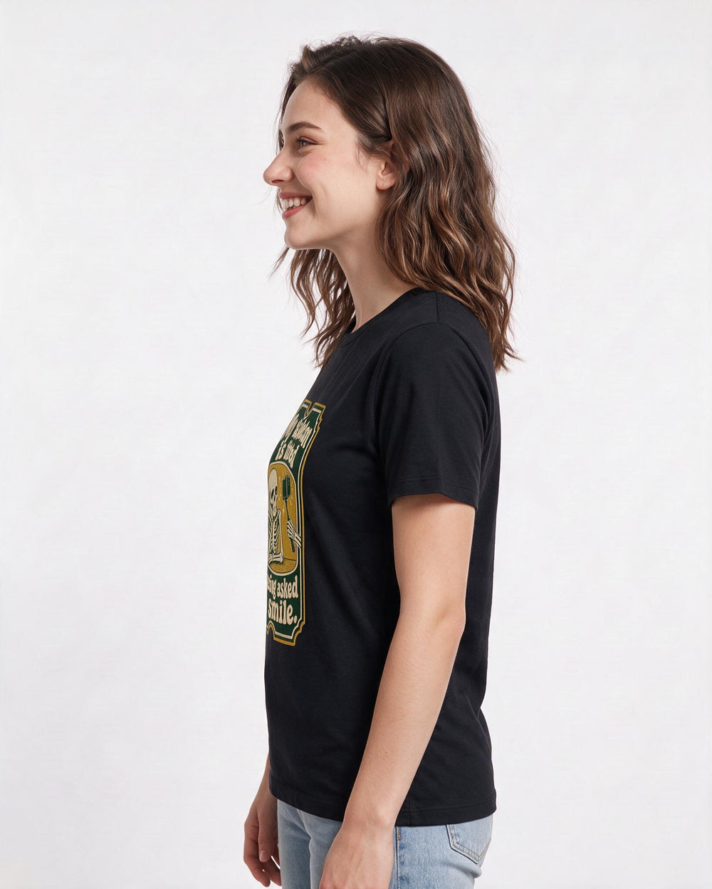 Funny Halloween Women's Black T-Shirt – My skeleton is tired of being asked to smile. product image 2