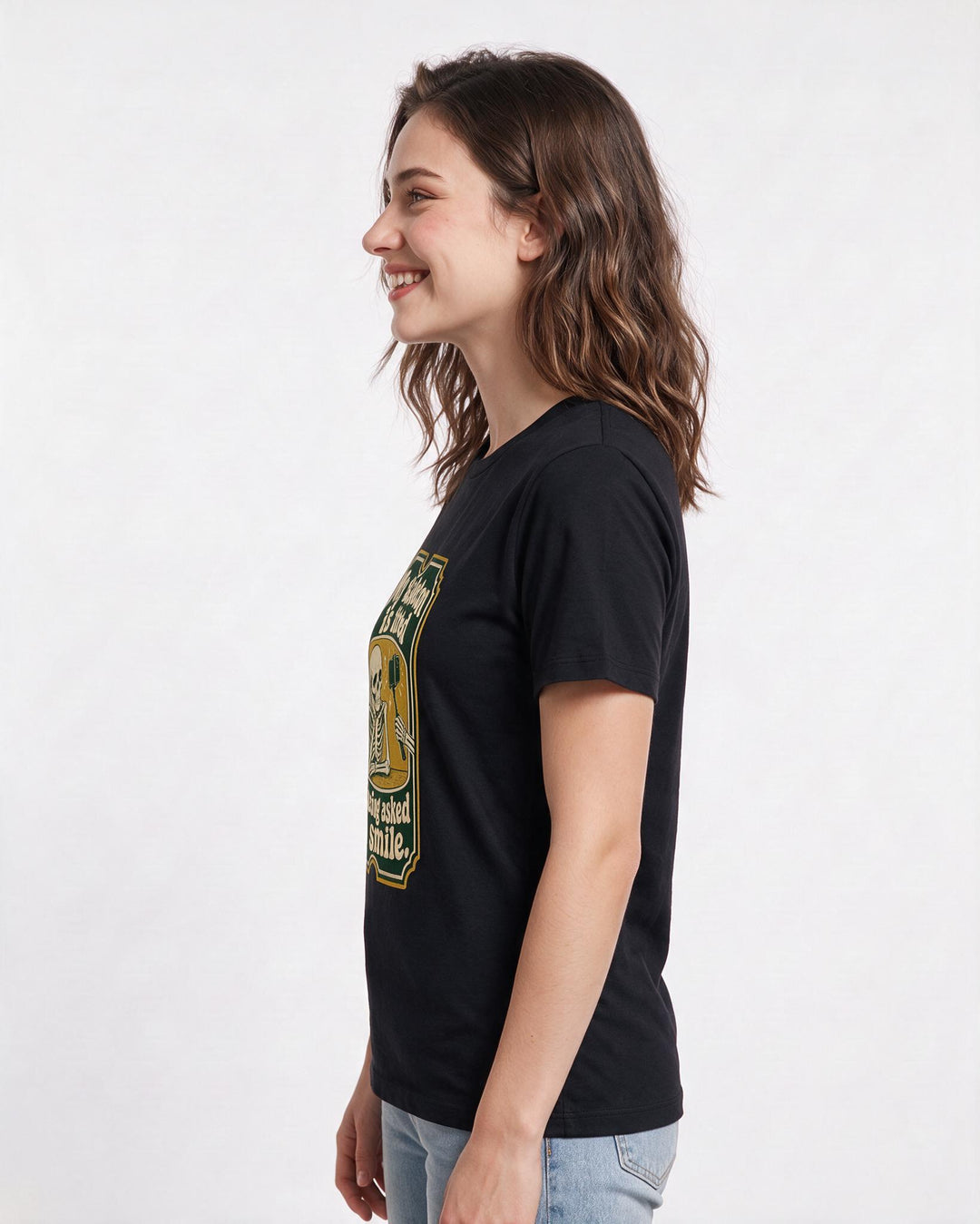 Funny Halloween Women's Black T-Shirt – My skeleton is tired of being asked to smile. product image 2