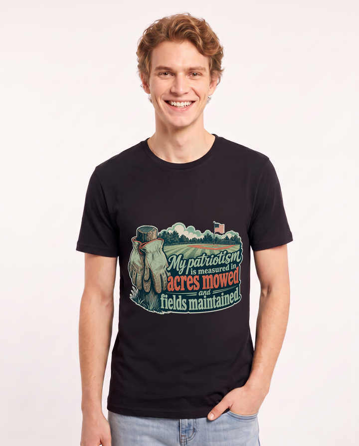 Patriotic Men's Black T-Shirt – My patriotism is measured in acres mowed and fields maintained. product image 1