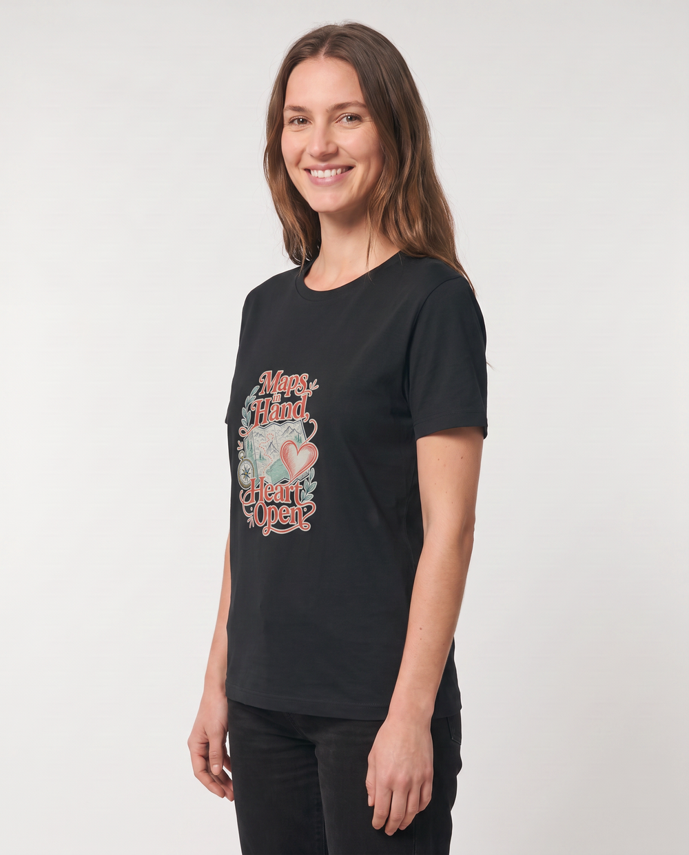 Maps In Hand, Heart Open Black T-Shirt mockup 2