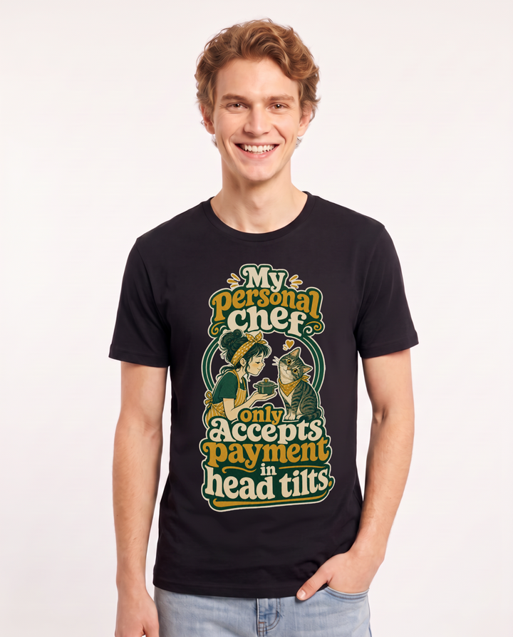 Funny Cat Lover Men's Black T-Shirt – My personal chef only accepts payment in head tilts. product image 1
