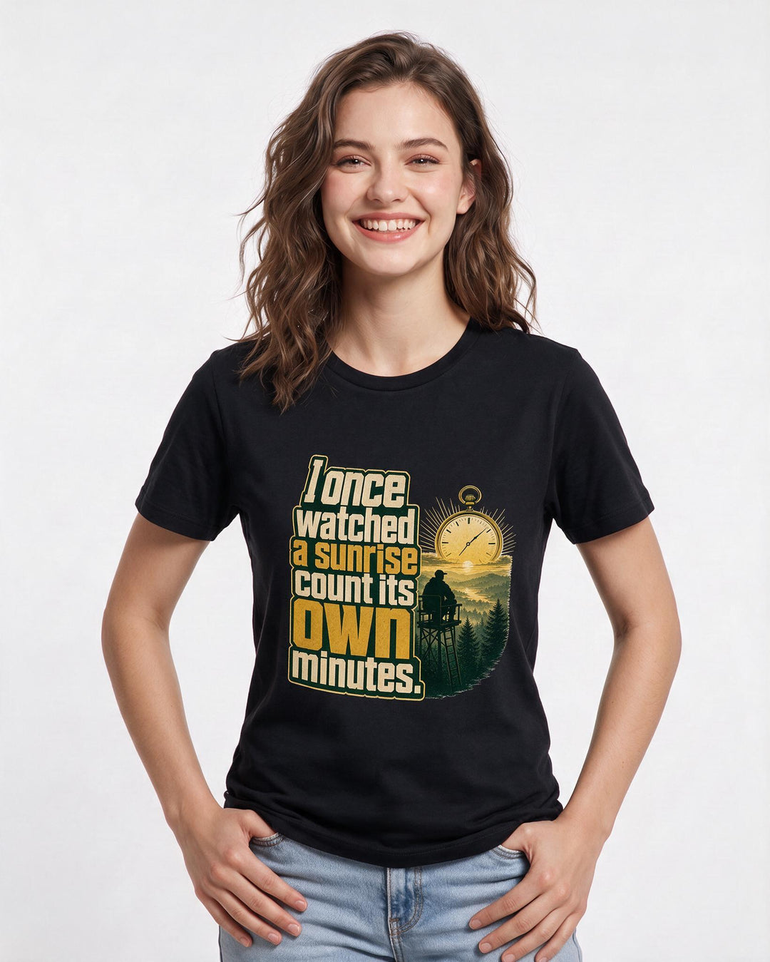 Hunting Women's Black T-Shirt – I once watched a sunrise count its own product image 3