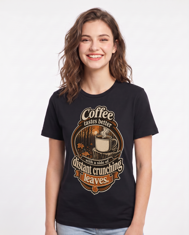 Hunting Women's Black T-Shirt – Coffee tastes better with a side of distant crunching leaves. product image 1