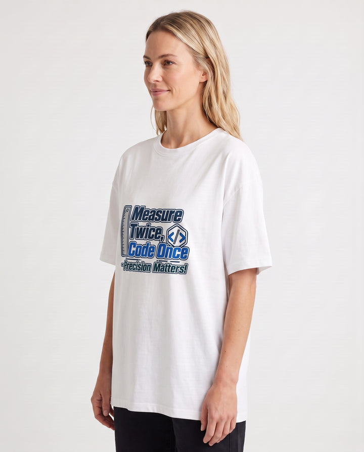 Measure Twice, Code Once Precision Matters! White T-Shirt mockup 2