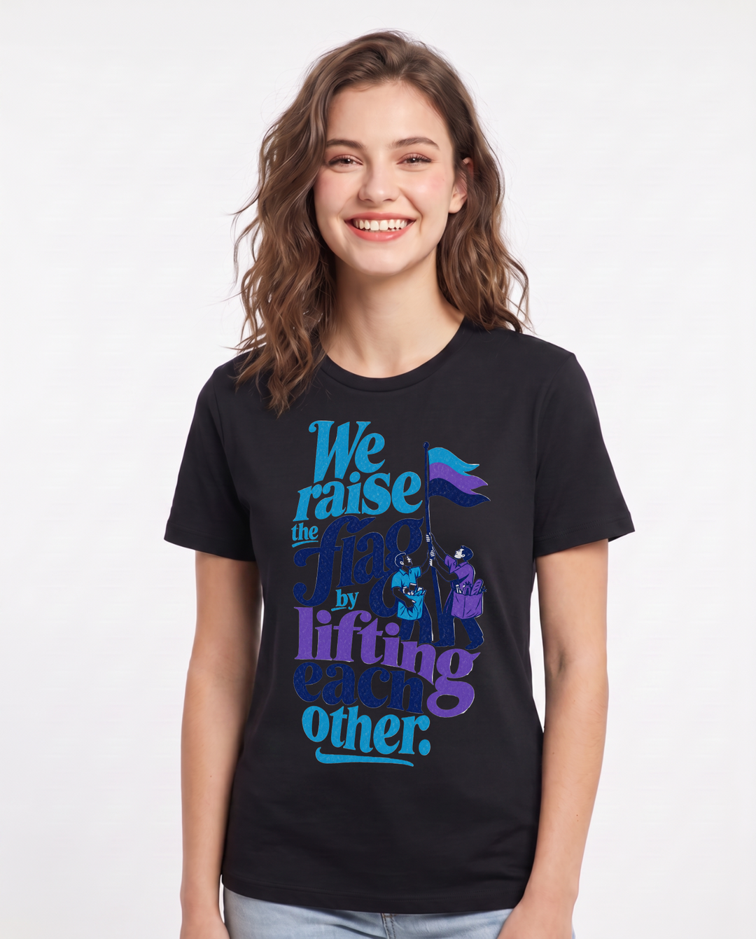 Patriotic Women's Black T-Shirt – We raise the flag by lifting each other. product image 1